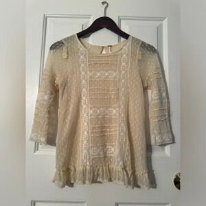 FREE PEOPLE Delicate Antique Ivory Lace Lined 3/4 Sleeve Blouse SMALL Scoop Neck